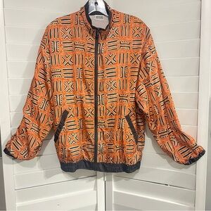 Vtg Avon Style Women’s Nylon Zip Jacket Small – Orange Tribal Print Windbreaker